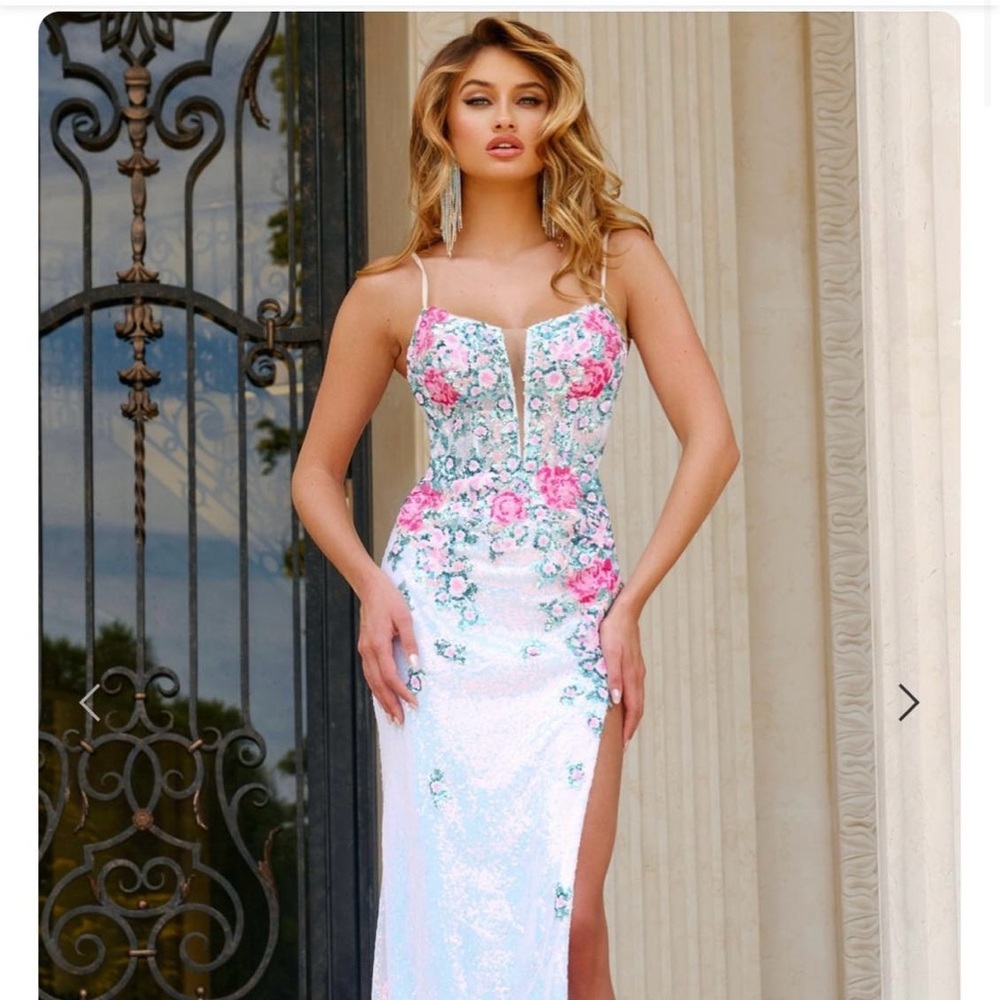 Jovani Strapless Floral Dress in Pink and Blue - Picture 4 of 5